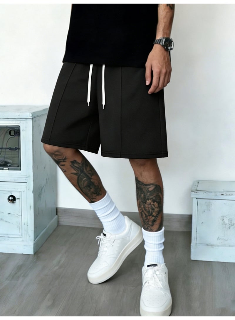 شورت رجالي أسود فضفاض برباط، شورت صيفي كاجوال فوق الركبة - Image 2